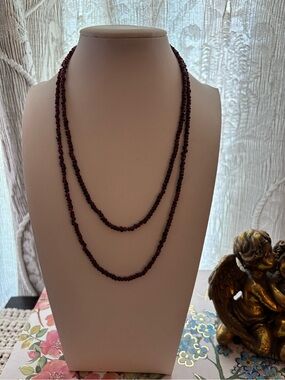 Vintage Long Garnet-Colored 18” Single Strand Beaded Necklace - Women Jewelry
